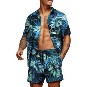 Mens Hawaiian Matching Set Summer Beach Two Piece Outfit Shirt Shorts Medium